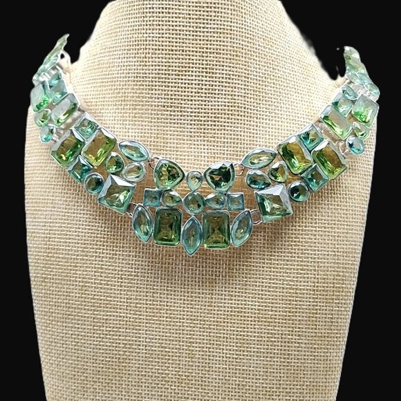 Statement Green Glass Stone Bib Necklace Silver Tone Chunky Collar Boho Jewelry - Picture 16 of 16